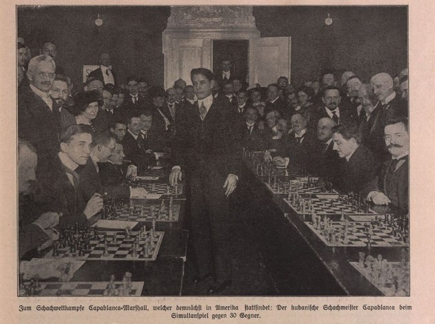 José Raúl Capablanca giving a 30 board simul in Berlin, June 1929