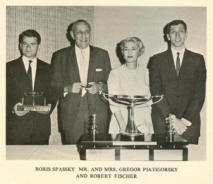 Boris Spassky, Jacqueline Piatigorsky, and Gregor Piatigorsky pose