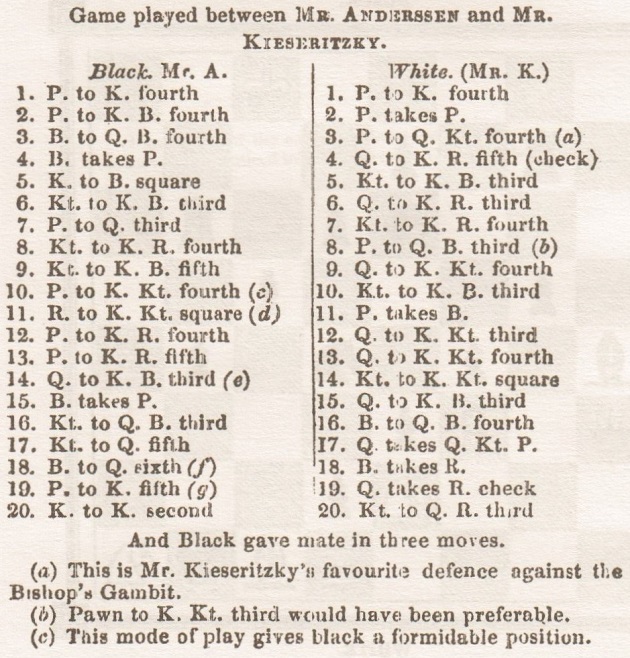 The original Immortal Game Anderssen vs Kieseritzky, 1851 (C33) King