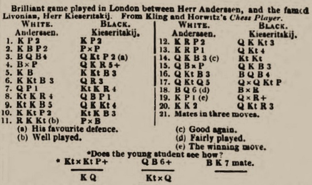 An hand drawn picture from series: The World's Great Chess Games. Anderssen  - Kieseritsky (The Immortal Game - 1851). Position after 11.