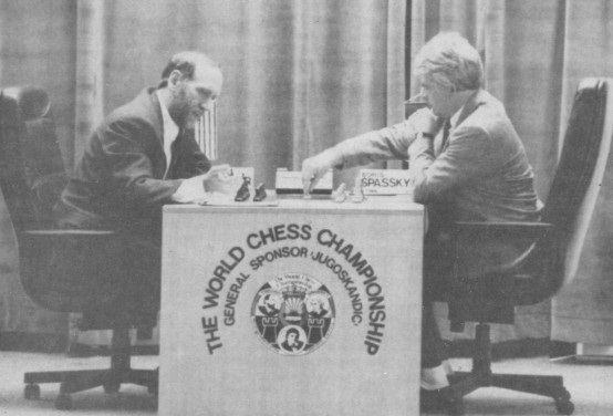 Boris Spassky, left and Bobby Fischer analyze their match in Sveti