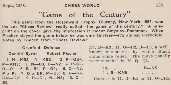 The Byrne v Fischer 'Game of the Century' by Edward Winter