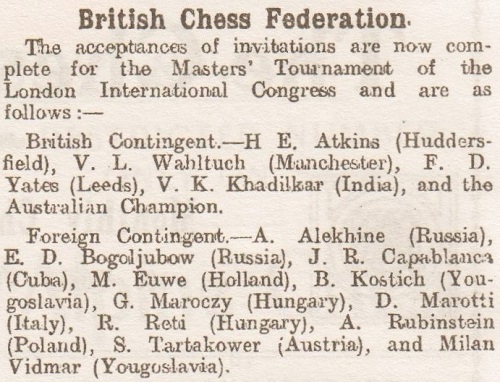 International Chess Congress, London 1922 WH WATTS, Alekhine