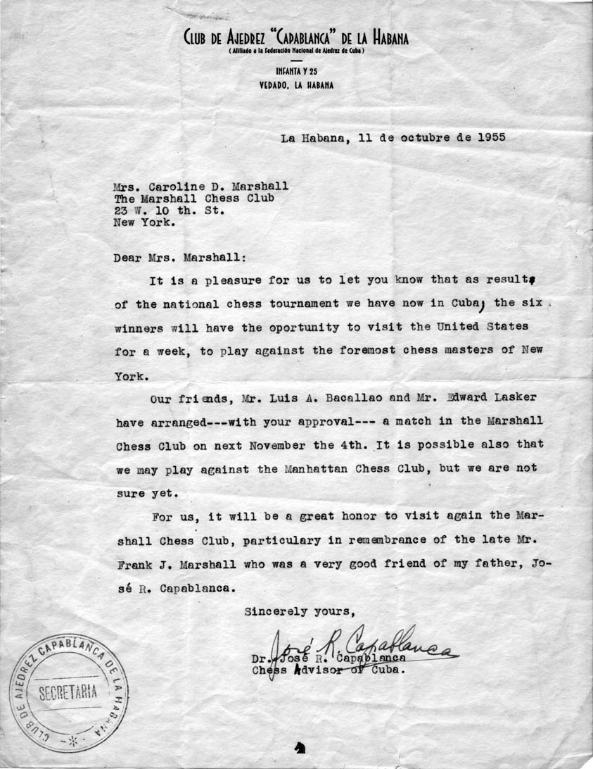 Letter from Jose R Capablanca to Caroline Marshall – The Chess Collector