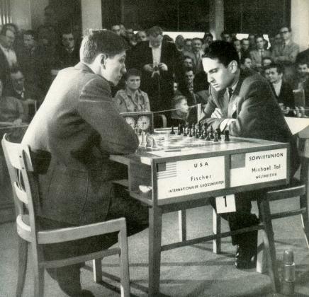 Boris Spassky playing a 41-board simultaneous exhibition in New