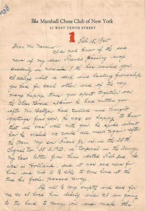 Letter from Jose R Capablanca to Caroline Marshall – The Chess Collector